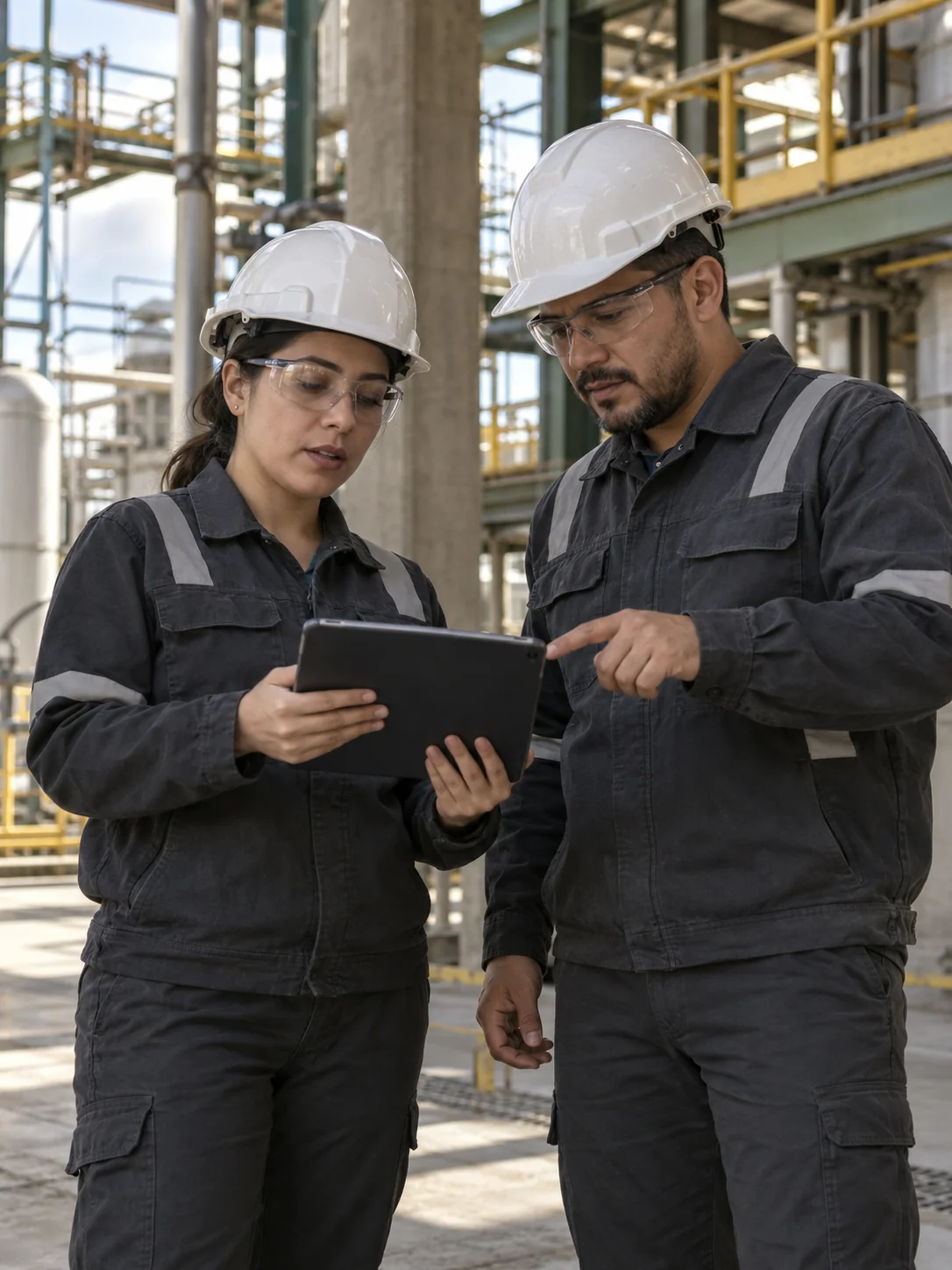 Dos profesionales con casco y gafas revisan una tableta en un entorno de trabajo. Imagen ilustrativa generada con IA.